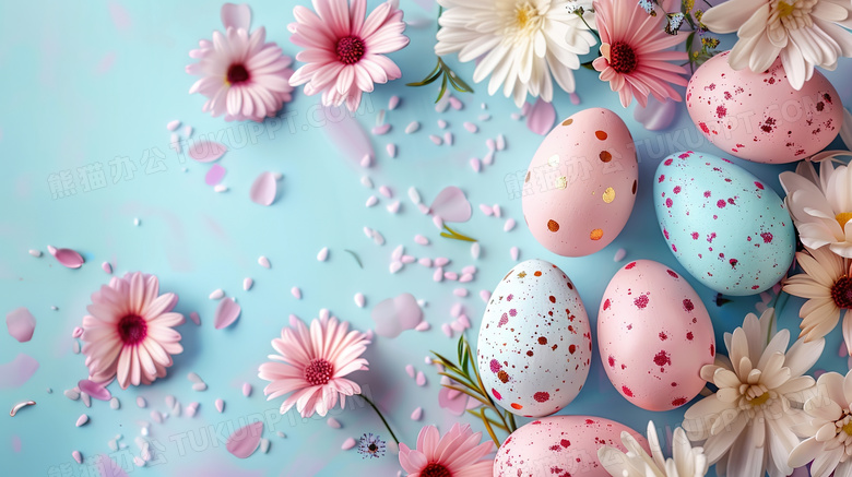 复活节彩蛋和鲜花装饰图片