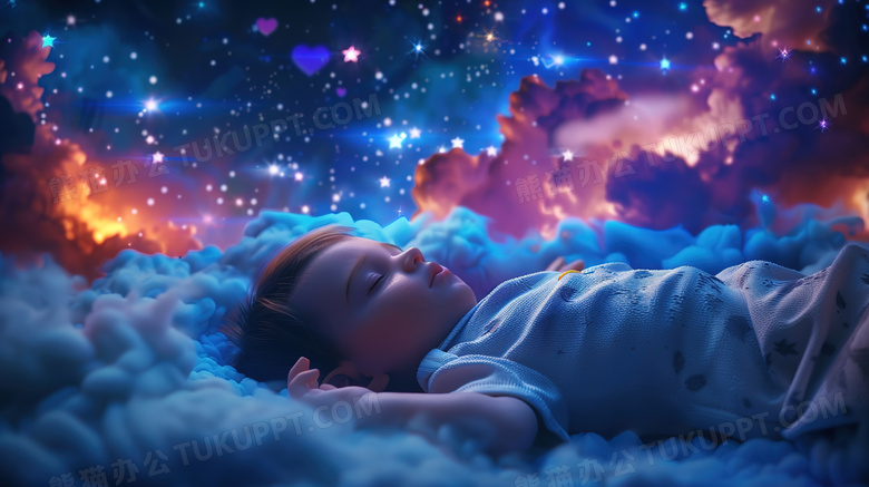 星空下在毛毯上熟睡的婴儿图片