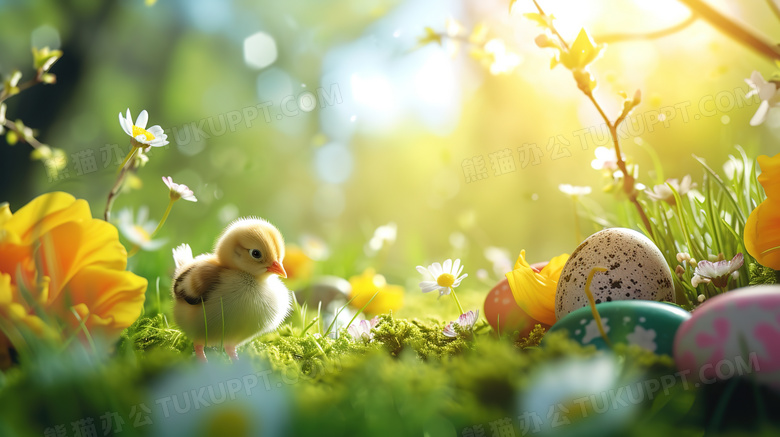 阳光照射的森林草地上的复活蛋和鲜花图片