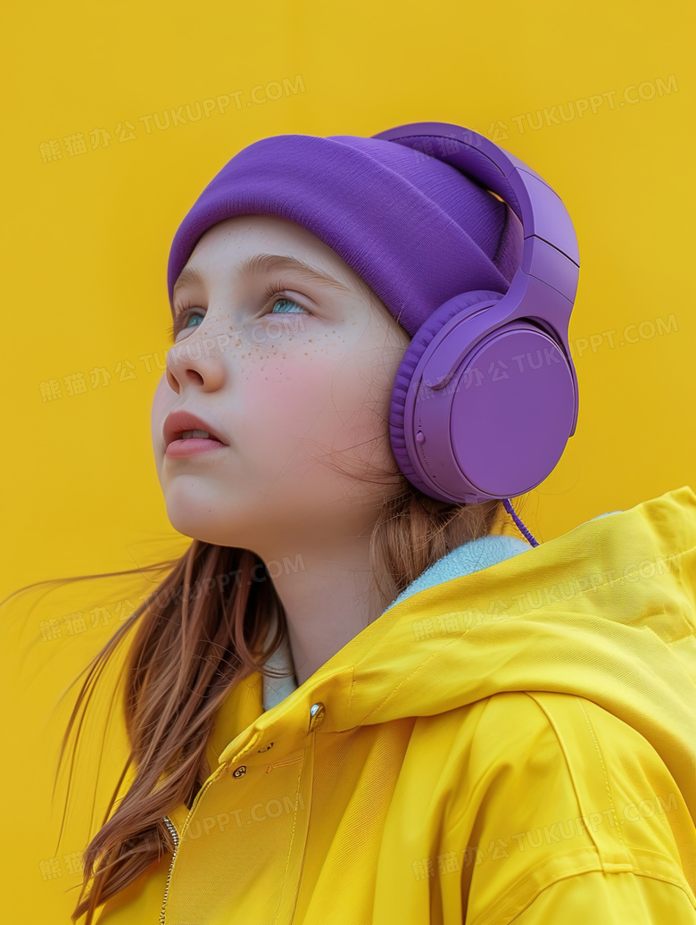 一个戴着紫色耳机的女孩图片