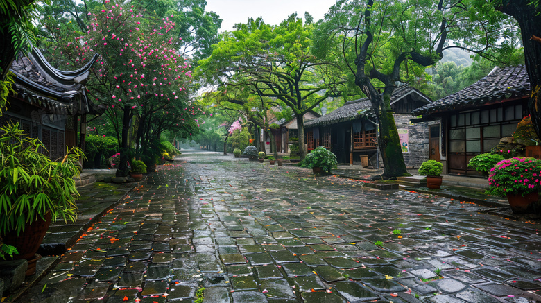 雨后古树旁的江南式民居图片