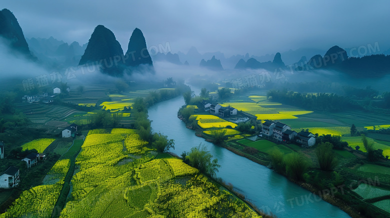 山雾袅绕的山谷河流边上的平房和田野桂林山水图片