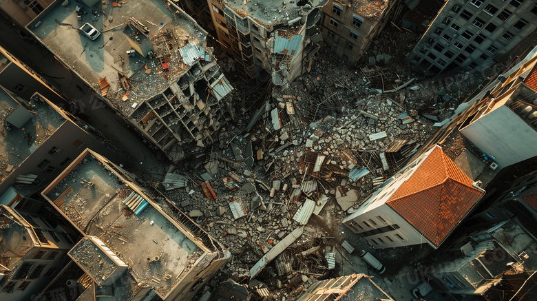 地震后的城市废墟航拍图片