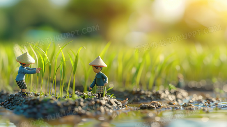 夏季水稻田里耕作的农民图片