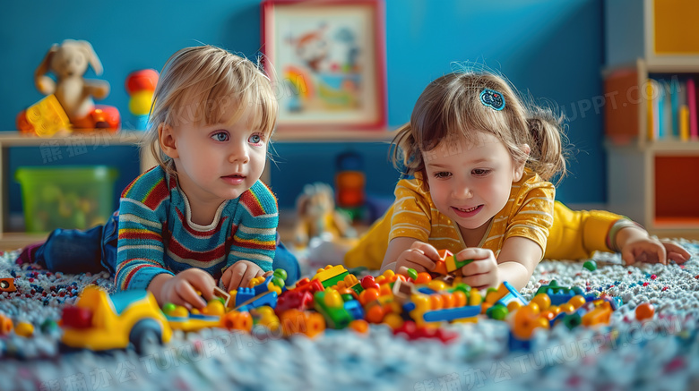 玩具房里一起玩积木的两个女孩图片