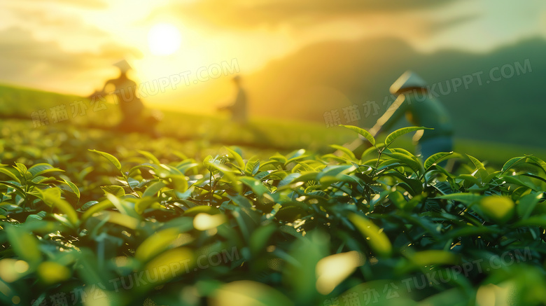 翠绿的茶园里采茶的茶农图片