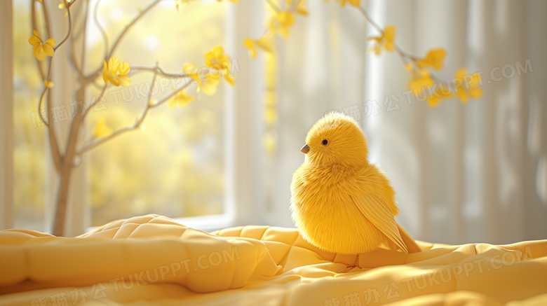 黄色床铺上的小鸡玩偶图片