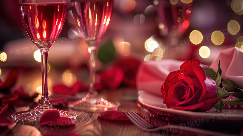 浪漫餐桌酒杯玫瑰花图片