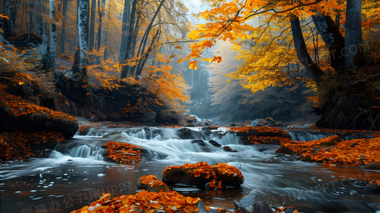森林河流小溪落叶树叶秋天高清图片