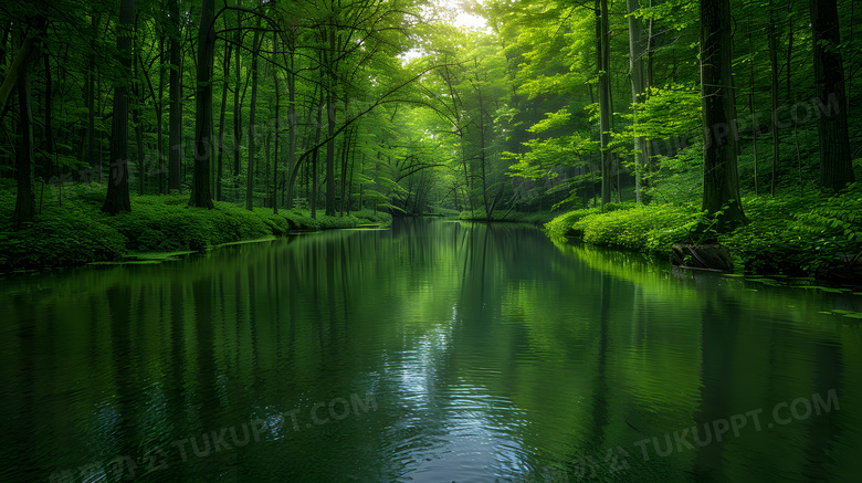 春天森林阳光河流清晨绿色唯美高清图片