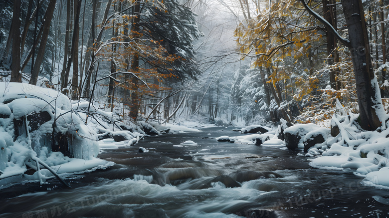 冬天森林河流清晨风景高清图片