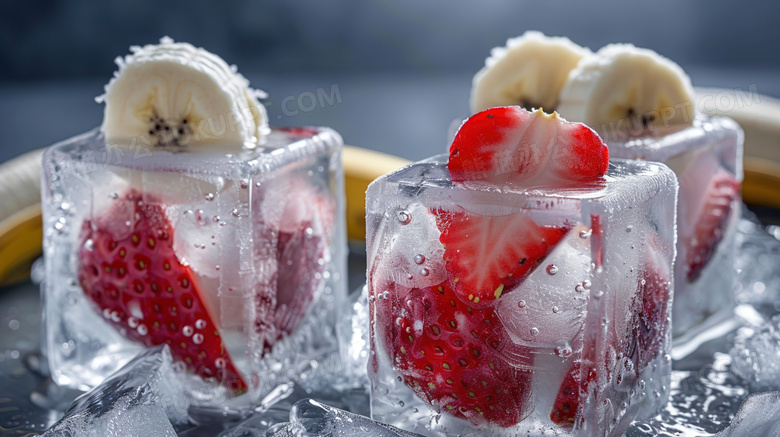 冰块里的草莓香蕉片图片