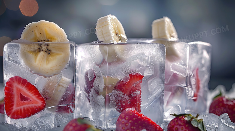 冰块里的草莓香蕉片图片