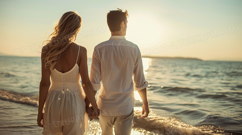 沙滩海边约会的情侣图片