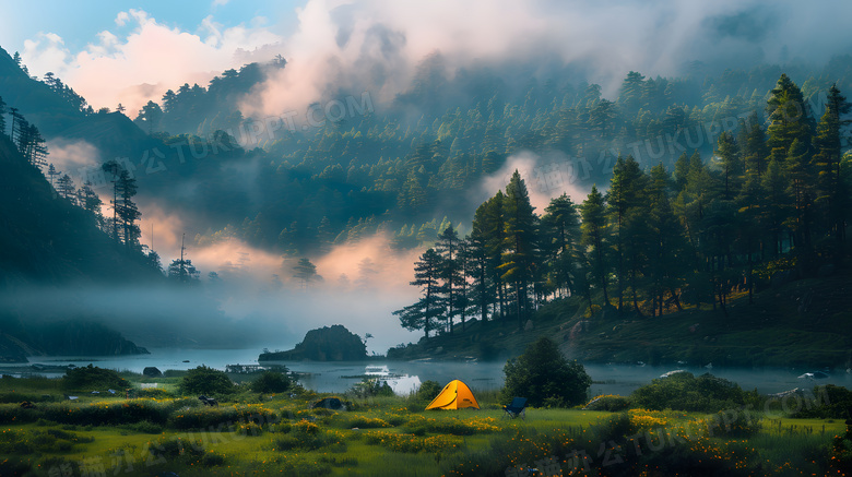 夏天户外山间露营游玩营地高清图片