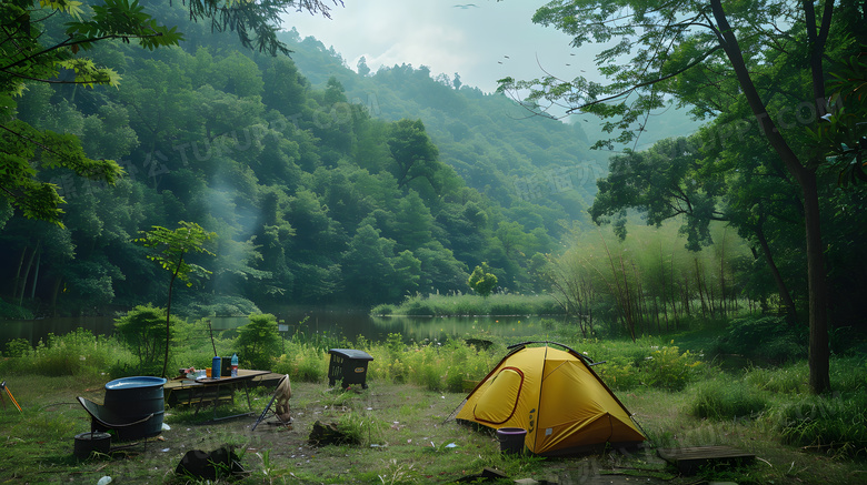 夏天户外山间露营游玩营地高清图片