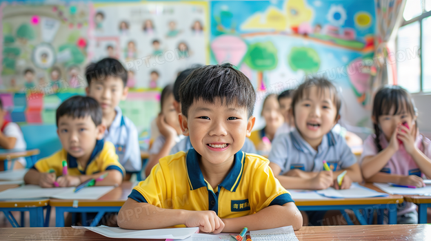 学校教室课堂上认真听课的小男孩图片