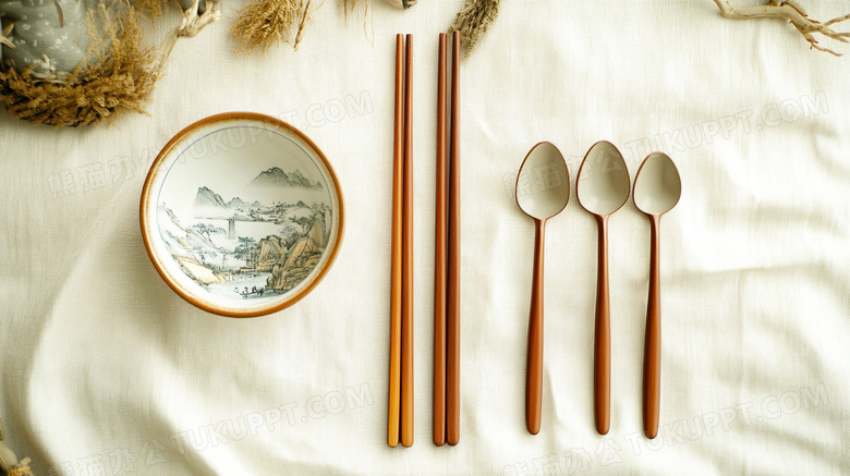 一组餐具盘子碗筷放在桌上图片