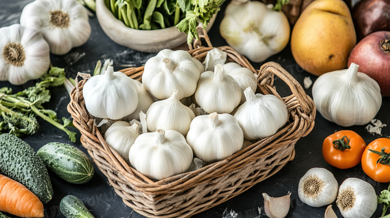 篮子里装满大蒜食物食材图片