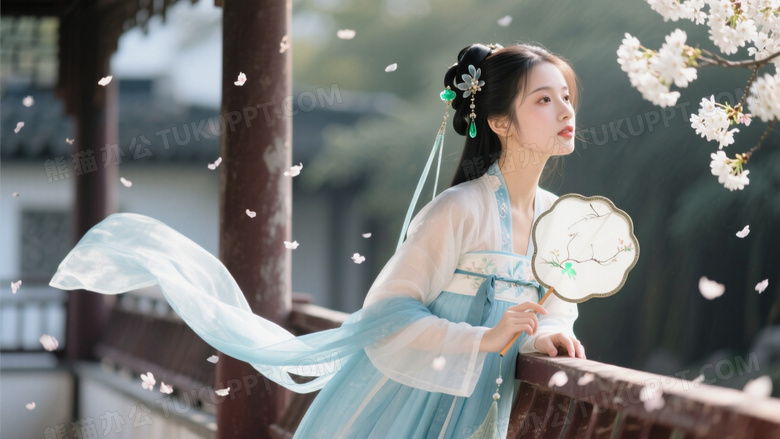 漢服少女梨花寫(xiě)真天青色齊胸襦裙倚靠古亭欄桿
