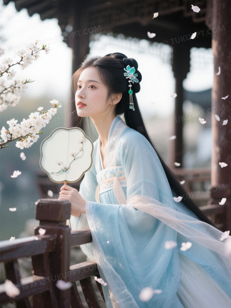 汉服少女梨花写真天青色齐胸襦裙倚靠古亭栏杆