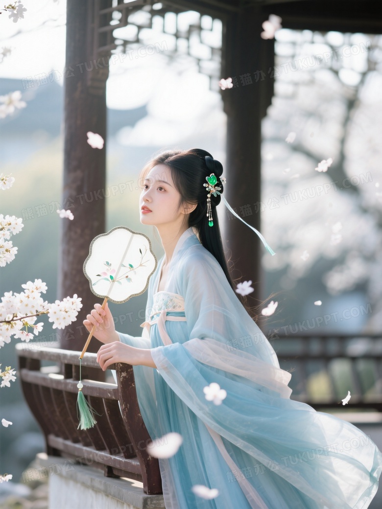 汉服少女梨花写真天青色齐胸襦裙倚靠古亭栏杆