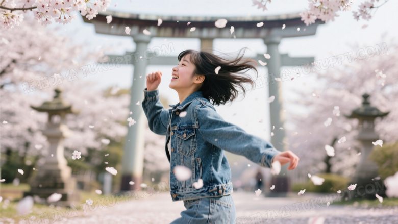 动态抓拍樱花雨瞬间牛仔外套少女跳跃接花瓣