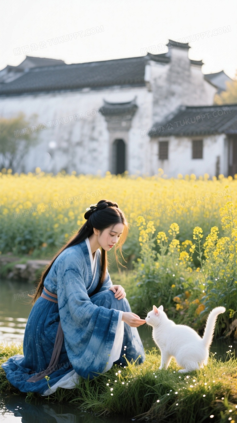 江南水鄉(xiāng)古裝人像藍(lán)染布裙女子蹲在油菜花田逗弄白貓