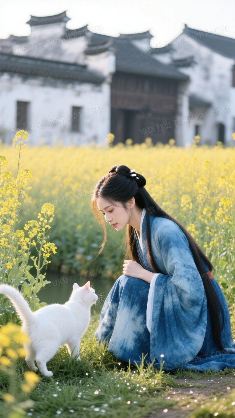 江南水鄉(xiāng)古裝人像藍染布裙女子蹲在油菜花田逗弄白貓