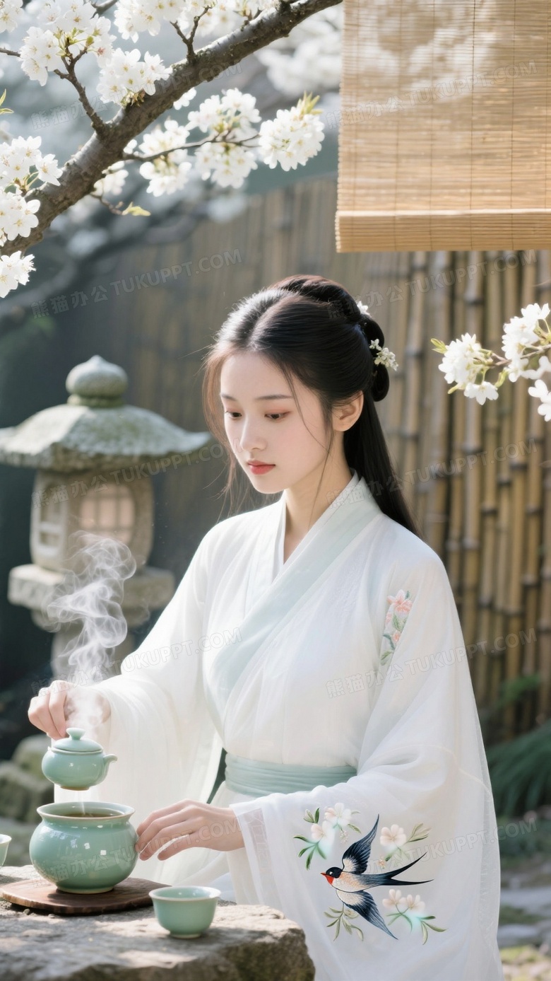 古风少女梨花树下煮茶