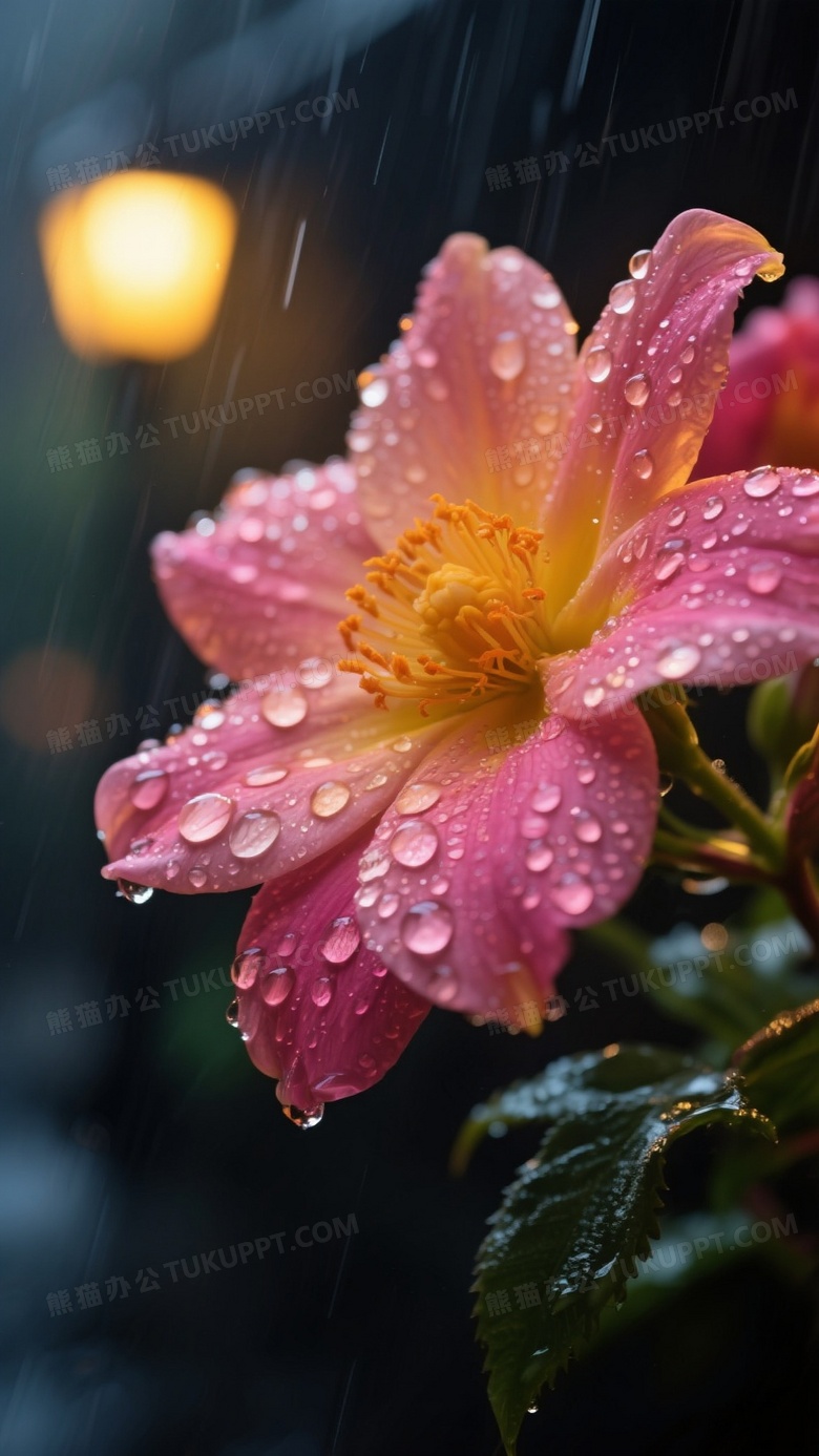 高清摄影特写镜头雨天娇艳的鲜花上挂着晶莹的水滴