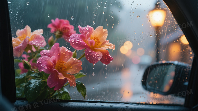 高清摄影图雨天透过车窗玻璃的特写视角