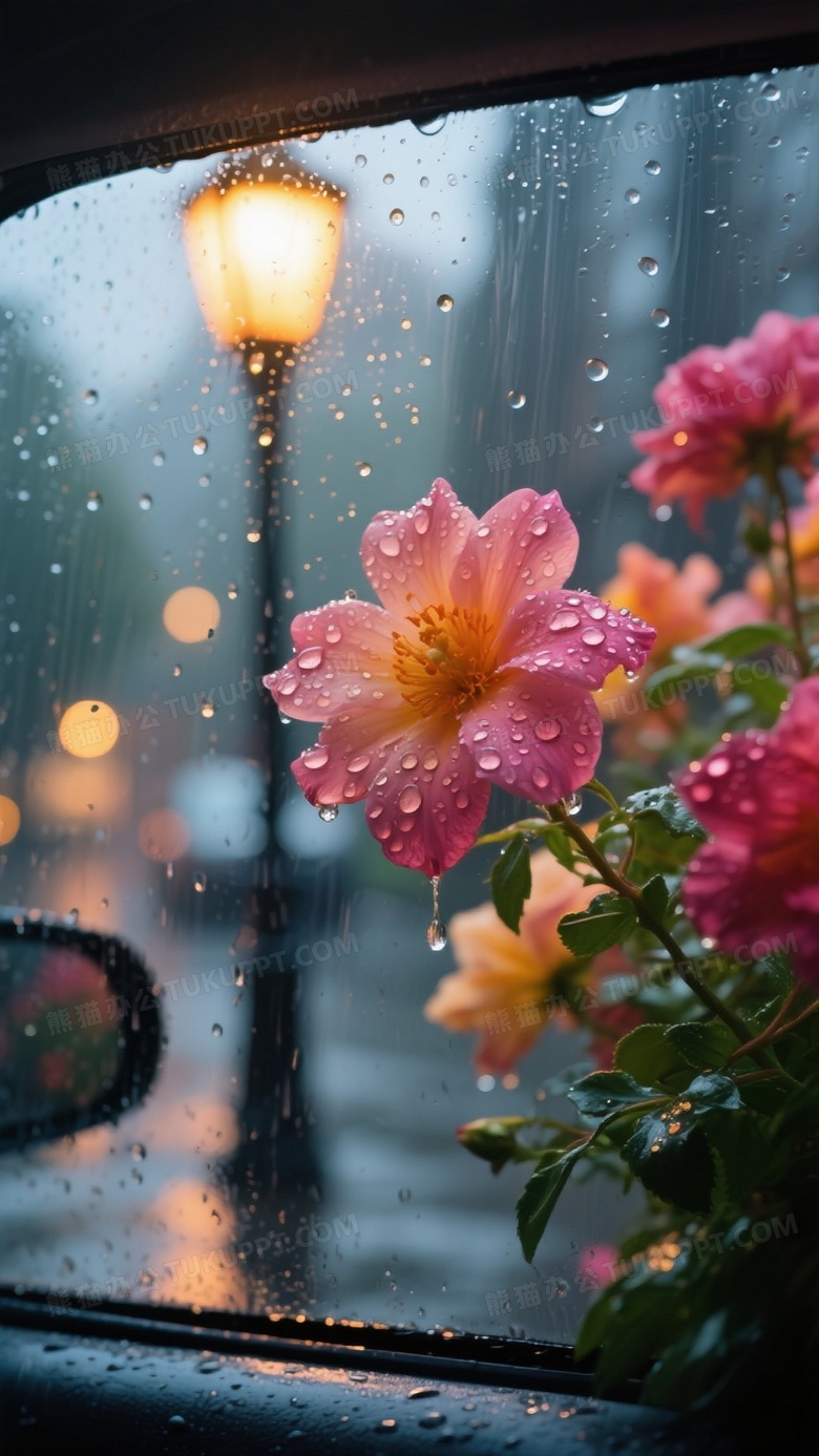高清摄影图雨天透过车窗玻璃的特写视角