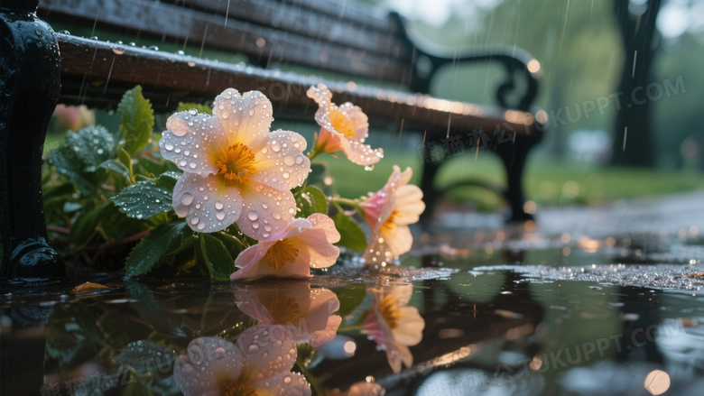 高清摄影特写雨天公园长椅旁的鲜花