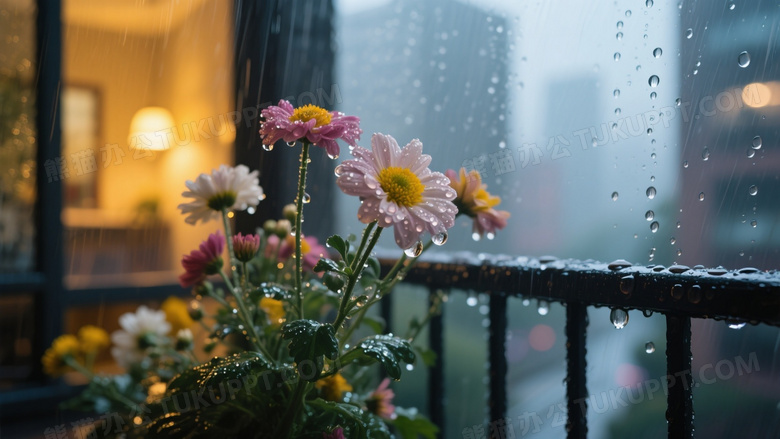 高清特写摄影画面雨天城市阳台栏杆上的鲜花