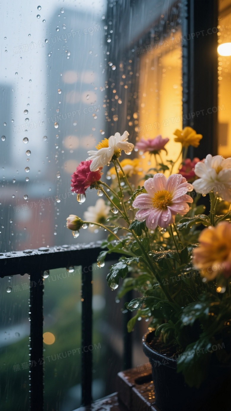 高清特写摄影画面雨天城市阳台栏杆上的鲜花