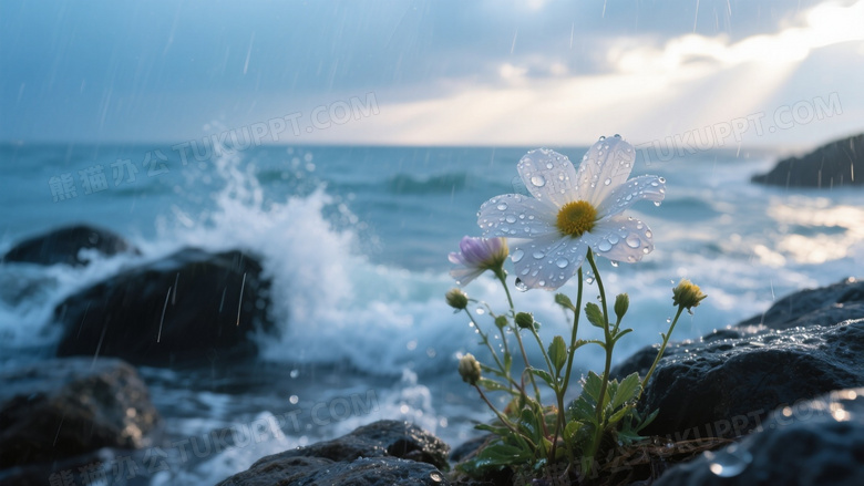 高清摄影图特写呈现雨天海边礁石旁的野花