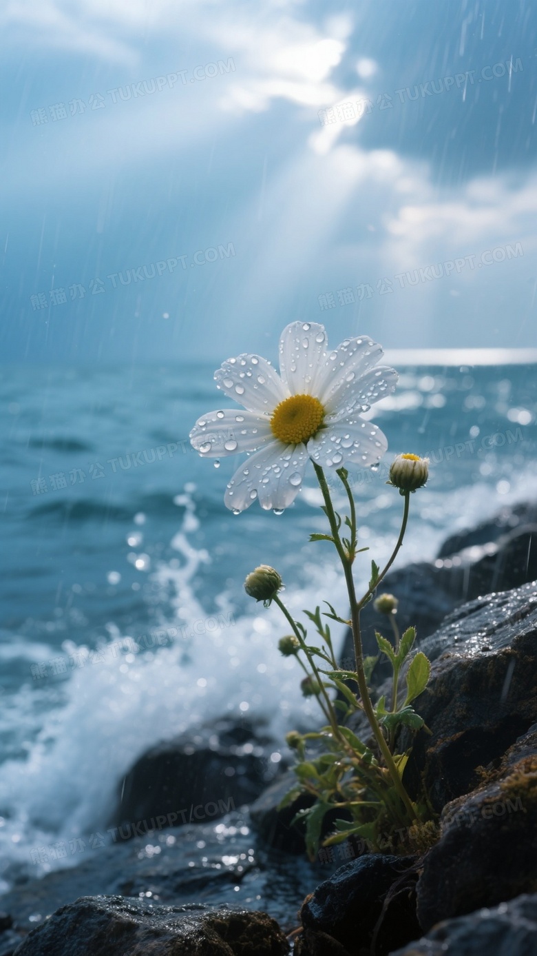 高清摄影图特写呈现雨天海边礁石旁的野花