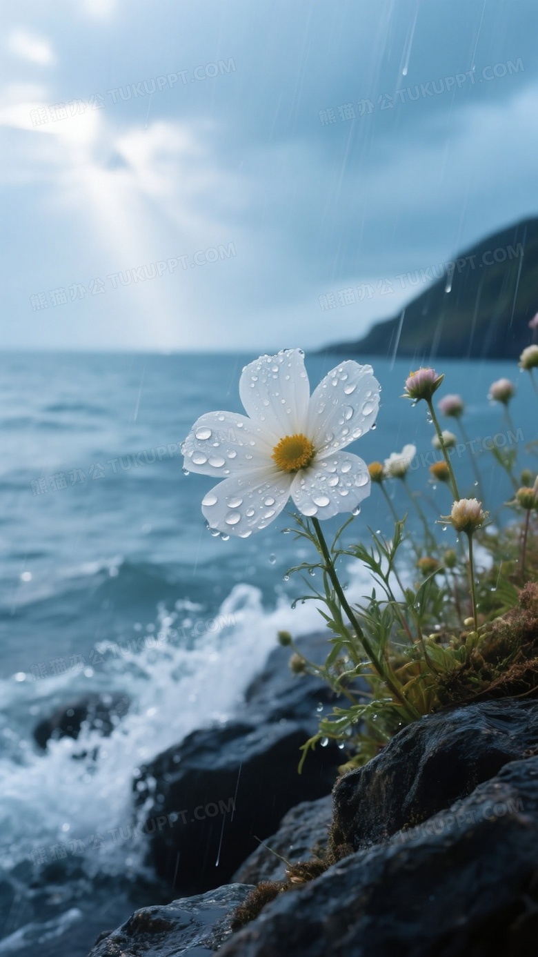 高清摄影图特写呈现雨天海边礁石旁的野花