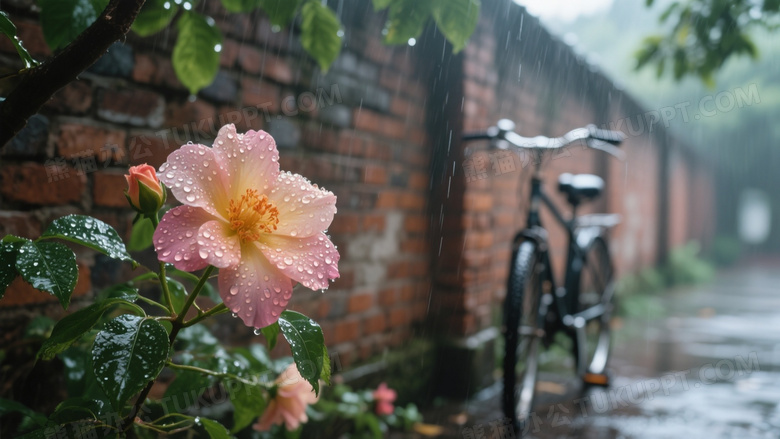 高清特写的摄影画面雨天校园角落的鲜花