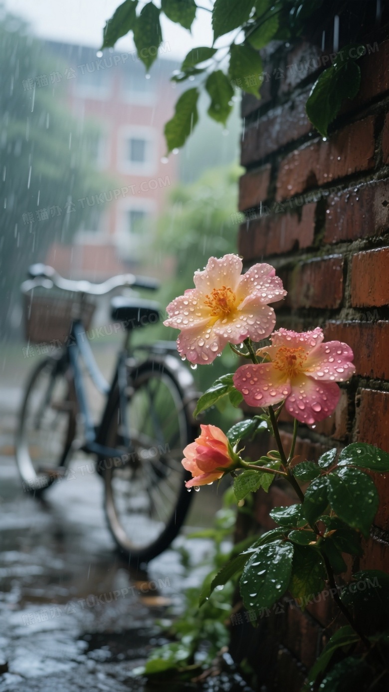 高清特写的摄影画面雨天校园角落的鲜花