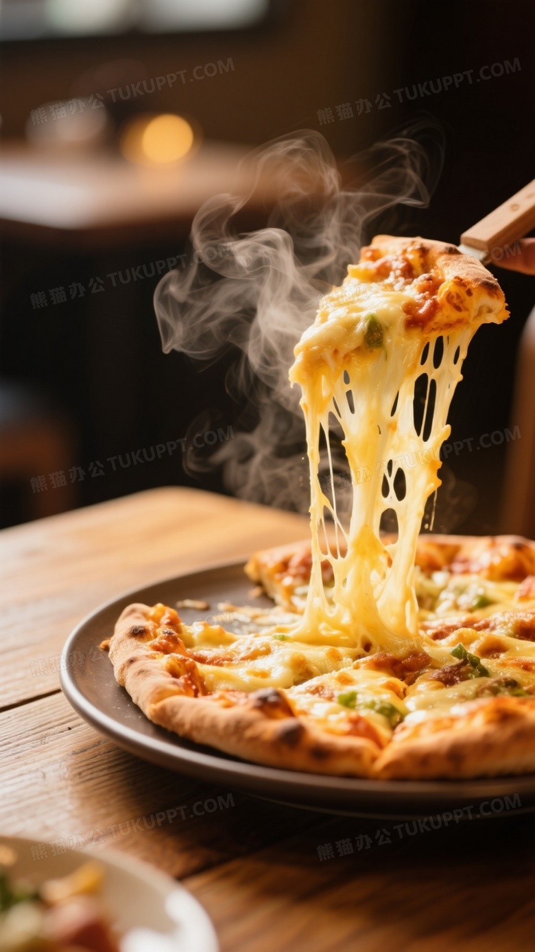 高清美食摄影图一份冒着热气的披萨摆在木质餐桌上