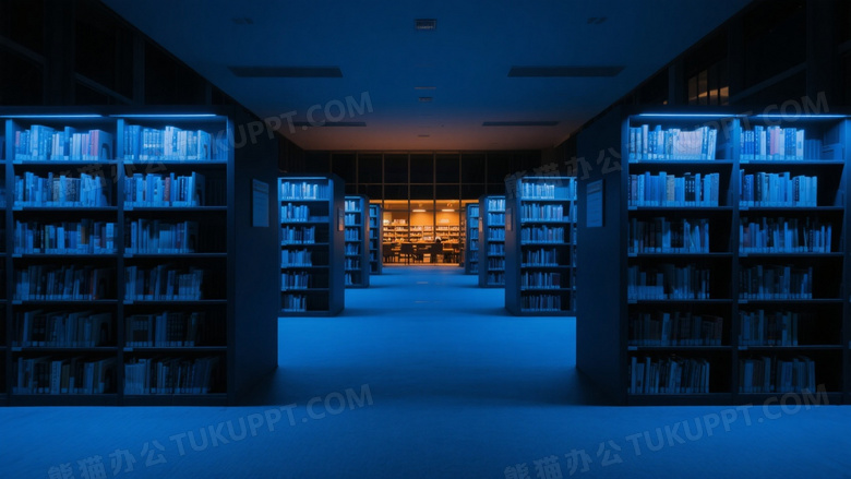 图书馆夜间摄影蓝色的灯光照亮书架