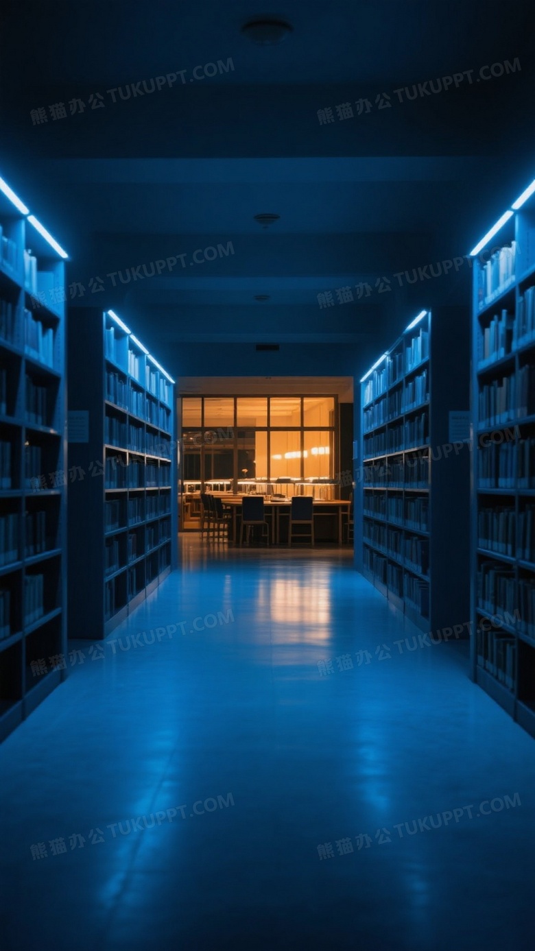 图书馆夜间摄影蓝色的灯光照亮书架