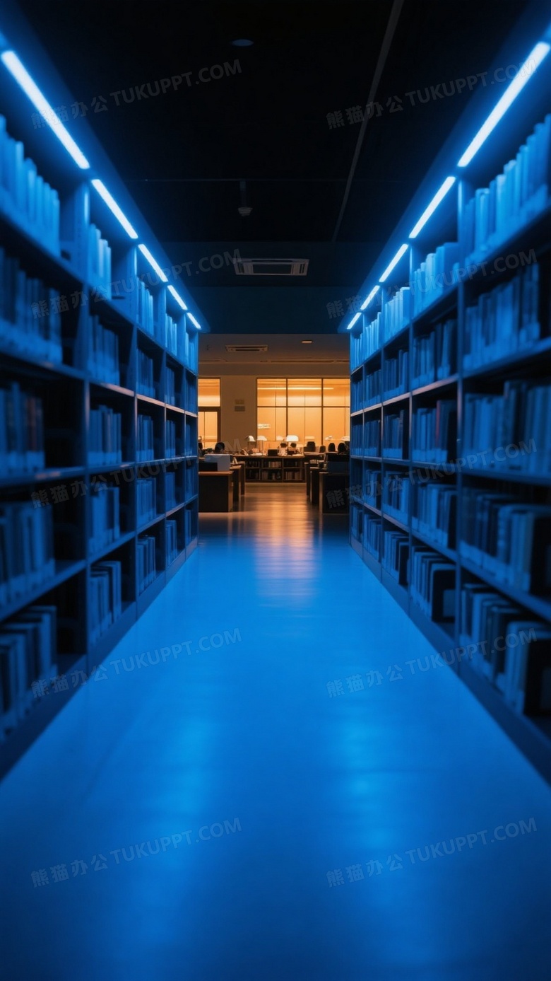 图书馆夜间摄影蓝色的灯光照亮书架