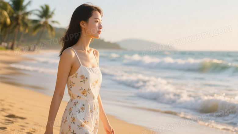 夏天高清摄影图一位穿着白色吊带碎花裙的美女漫步在海边沙滩