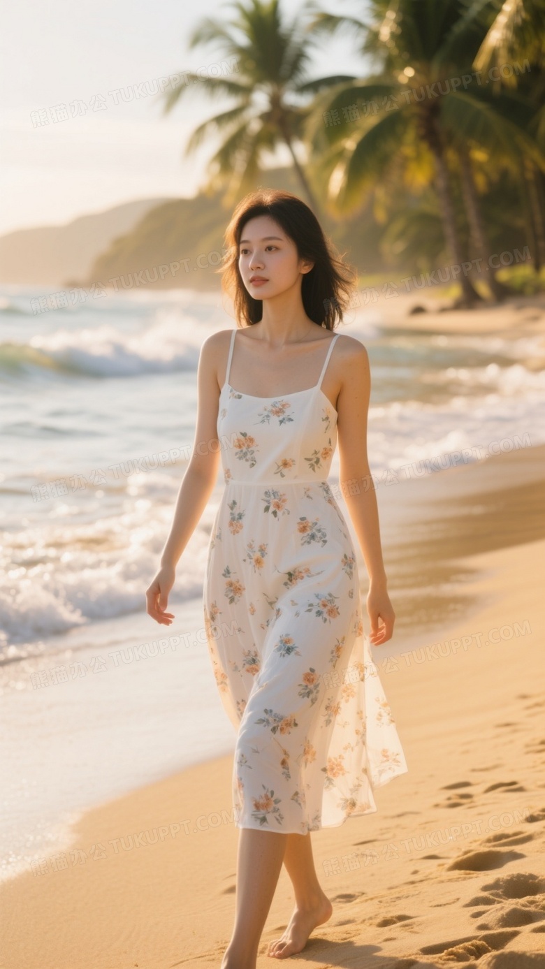 夏天高清摄影图一位穿着白色吊带碎花裙的美女漫步在海边沙滩