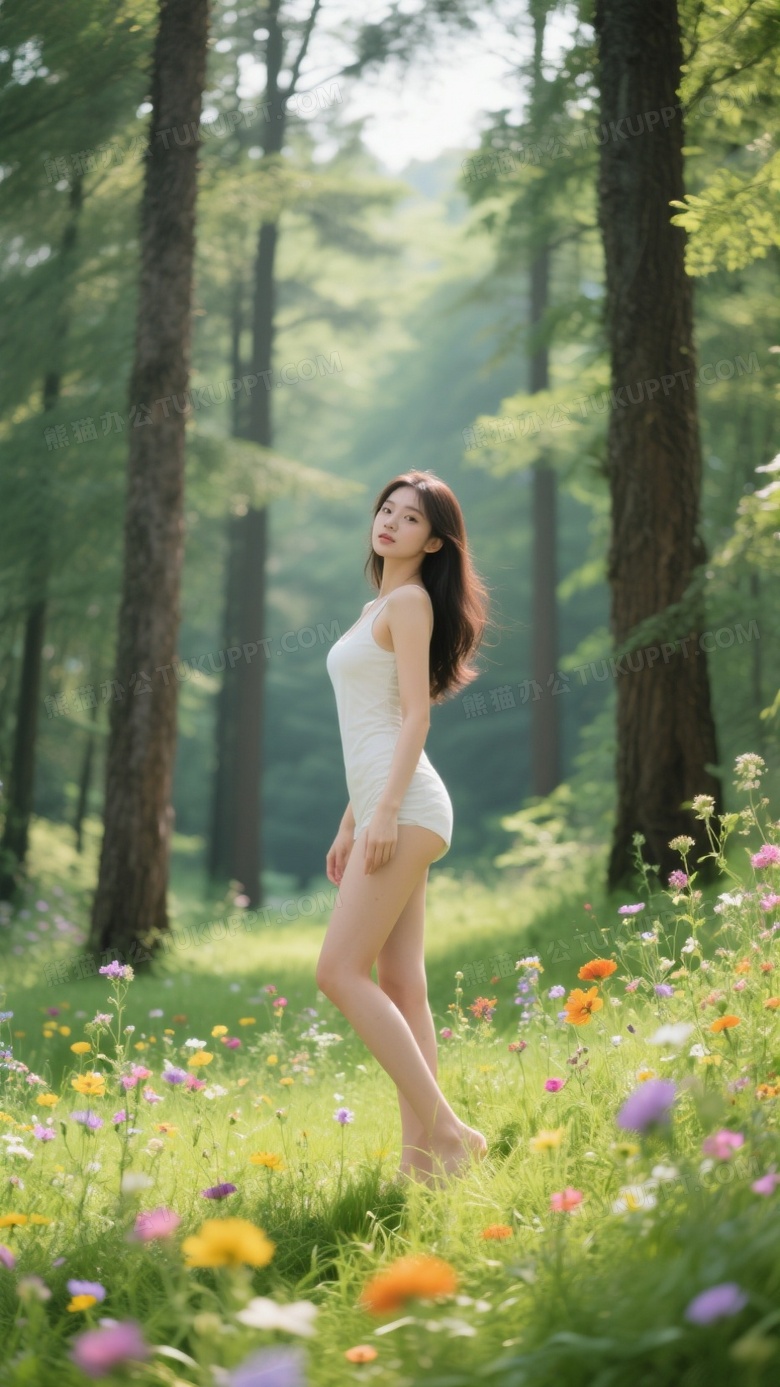夏日高清摄影画面身材曼妙的美女在森林中的草地上