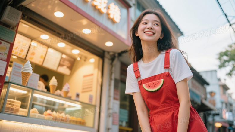 夏日高清摄影可爱美女穿着西瓜红背带裙在街边的冰淇淋店前
