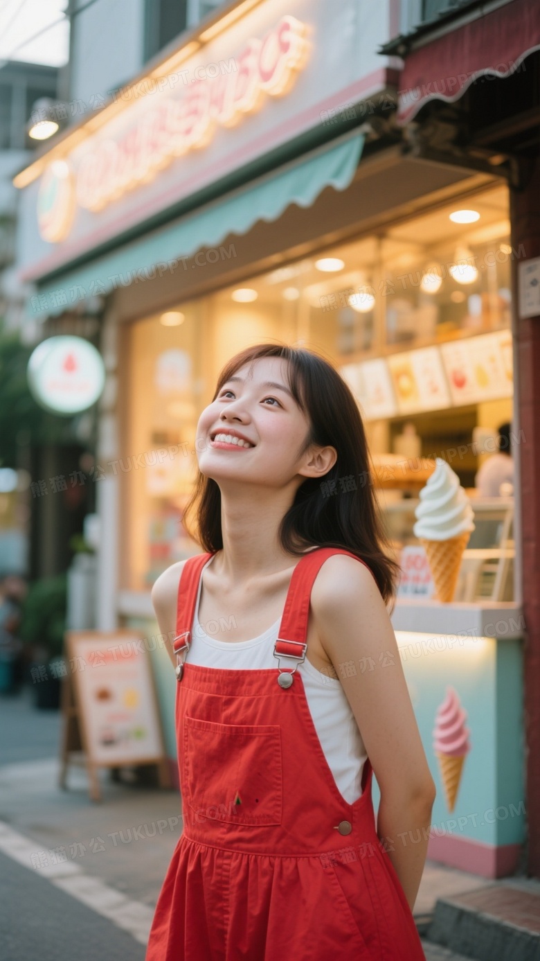 夏日高清摄影可爱美女穿着西瓜红背带裙在街边的冰淇淋店前